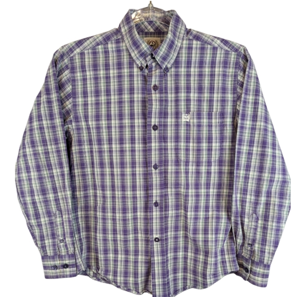 Cinch Size 10 Boys Button Down Shirt Purple White Green